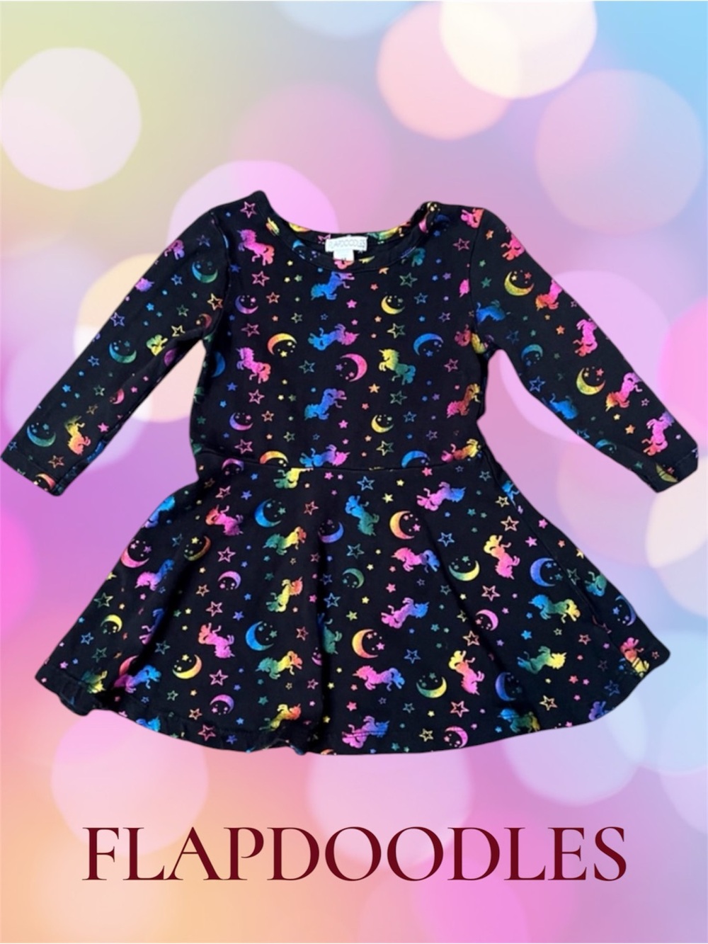 Flapdoodles -Sz 2T- Black Rainbow Unicorn Skater Dress